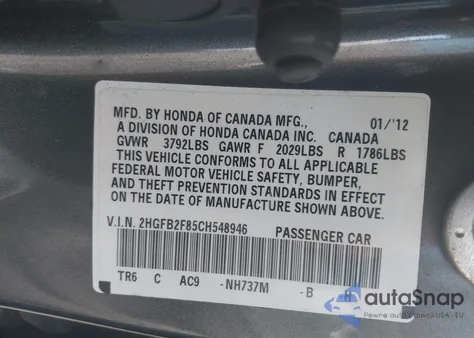 2012 Honda Civic Ex z USA, uszkodzony, nr VIN 2HGFB2F85CH548946